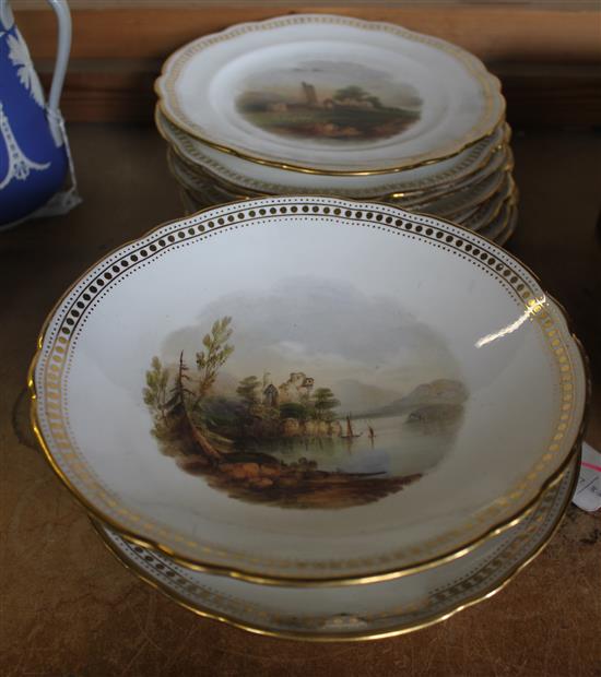 Victorian eight-piece dessert service, gilt-bordered and decorated with topographical scenes(-)